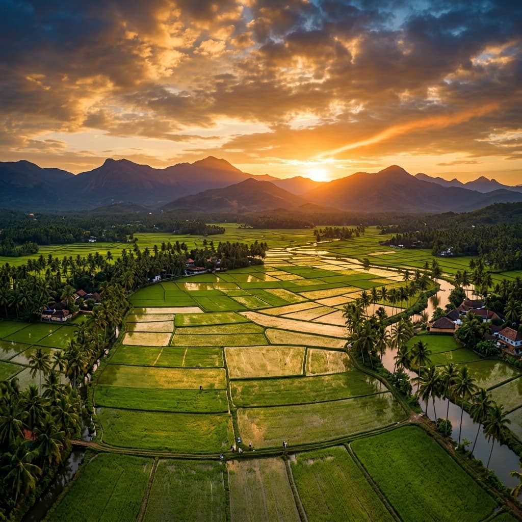 Palakkad rice fields at golden hour
